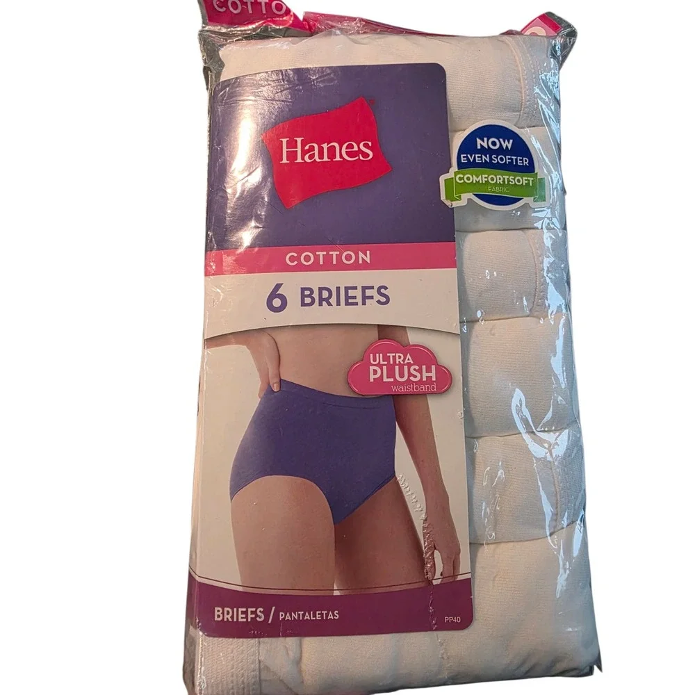 Hanes Womens 6 Pack White Cotton Briefs Size 10 Ultra Plush Waistband PP40WH NOS